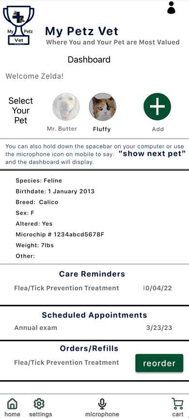 Dashboard screen for MyPetzVet